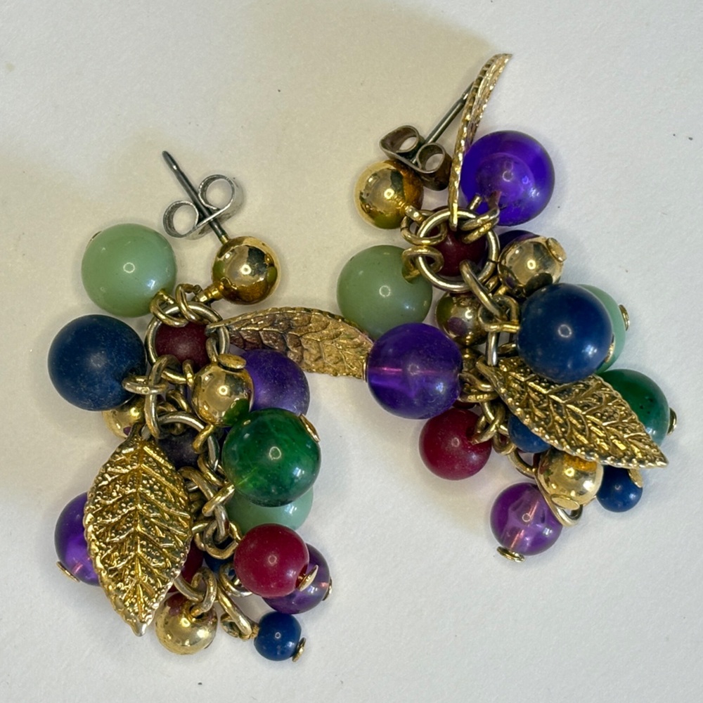Vintage Beaded Cluster Dangle Earrings with Gold Leaves